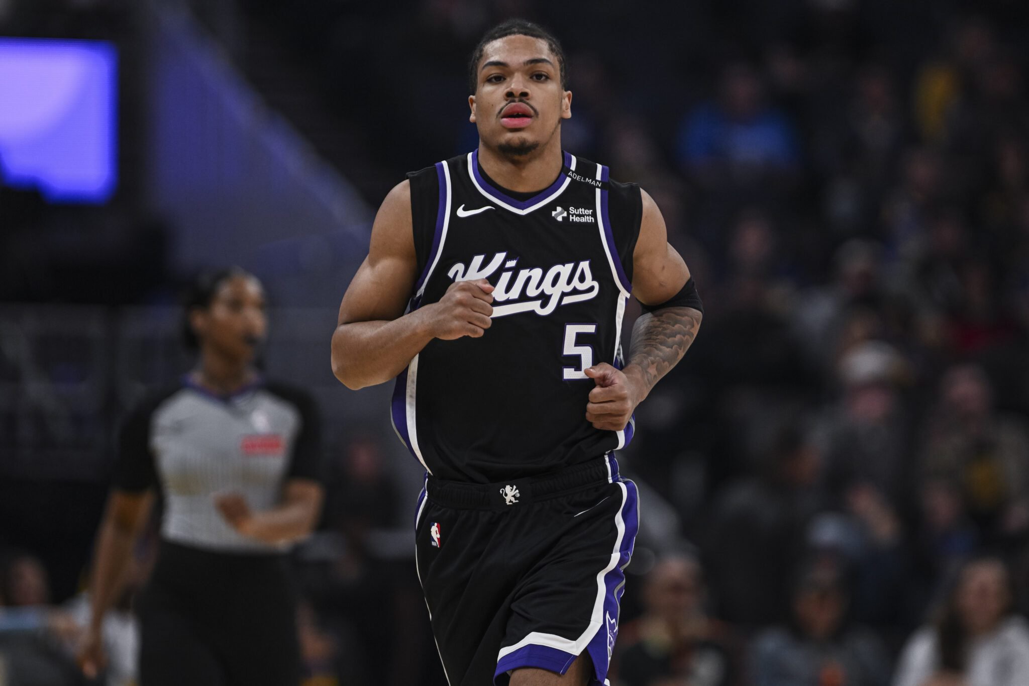 Oct 10, 2026; San Francisco, California, USA; Sacramento Kings guard Darius Acuff Jr. (5) looks on during the first quarter against the against the Golden State Warriors at Chase Center. Mandatory Credit: Justine Willard-Imagn Images