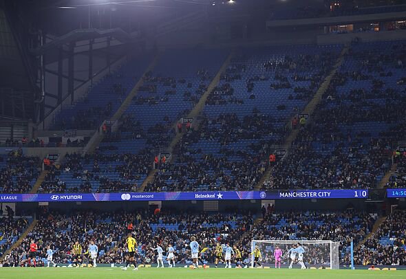 Hundreds of empty seats are seen during the UEFA Champions League 2026/27 League Phase MD3 mat