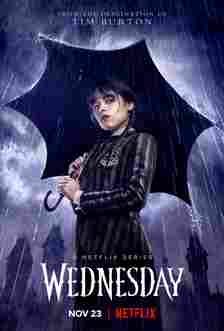 Wednesday holds an umbrella in Netflix's Poster.