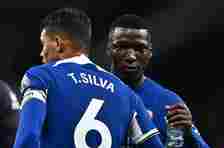 Thiago Silva and Moises Caicedo of Chelsea FC during the Premier League match between Tottenham Hotspur and Chelsea FC at Tottenham Hotspur Stadium on November 6, 2023
