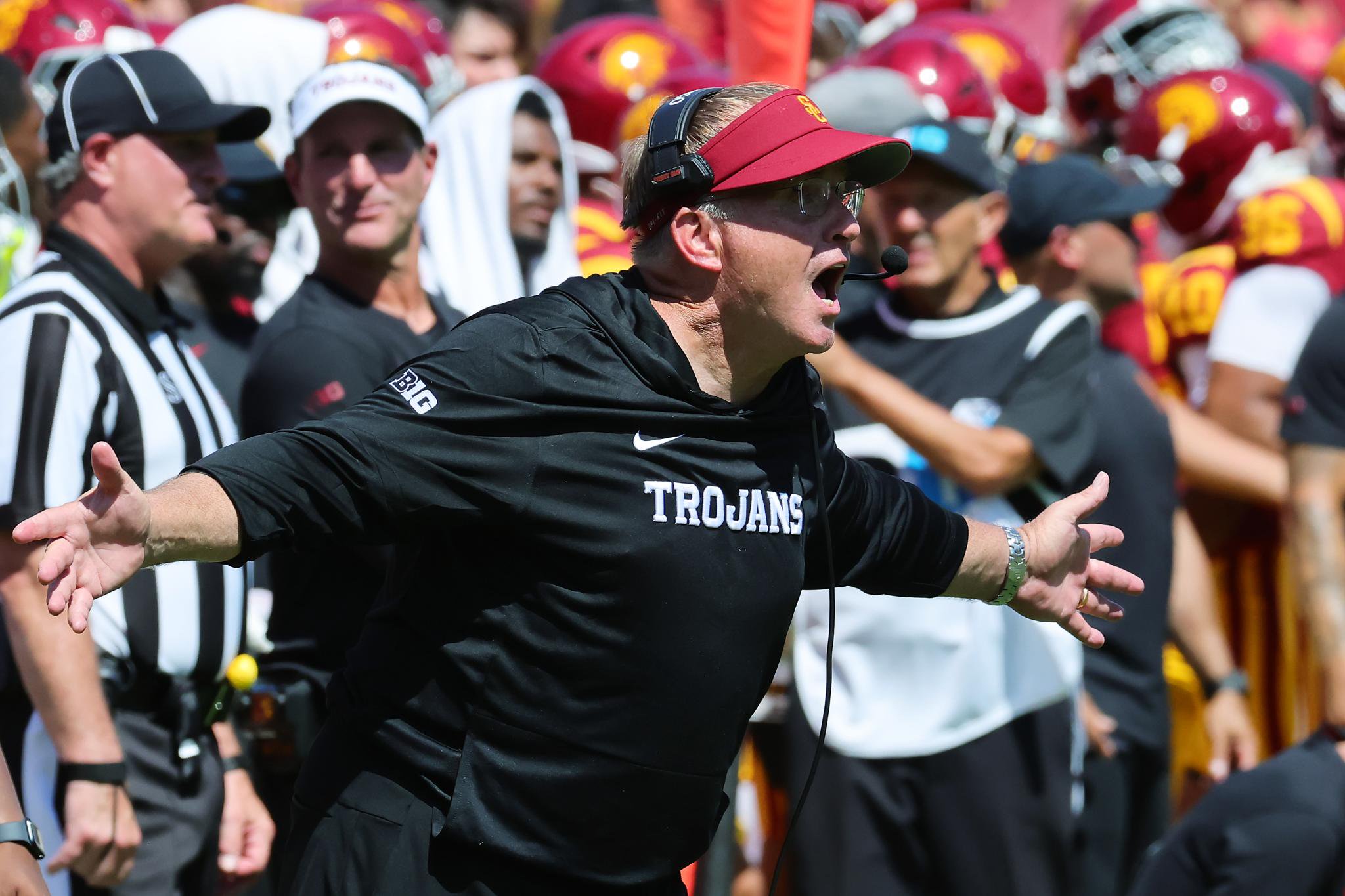 USC football coach Lincoln Riley shouting on the sideline during a game against San Jose State.