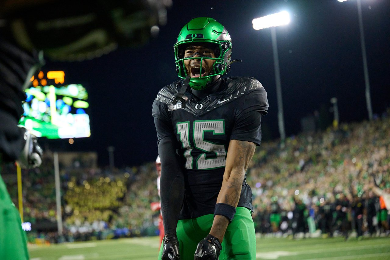 Oct 17, 2026; Eugene, Oregon, USA; Oregon Ducks wide receiver Messiah Hampton (15) celebrates a touchdown during the second half against the Nebraska Cornhuskers at Autzen Stadium. Mandatory Credit: Troy Wayrynen-Imagn Images