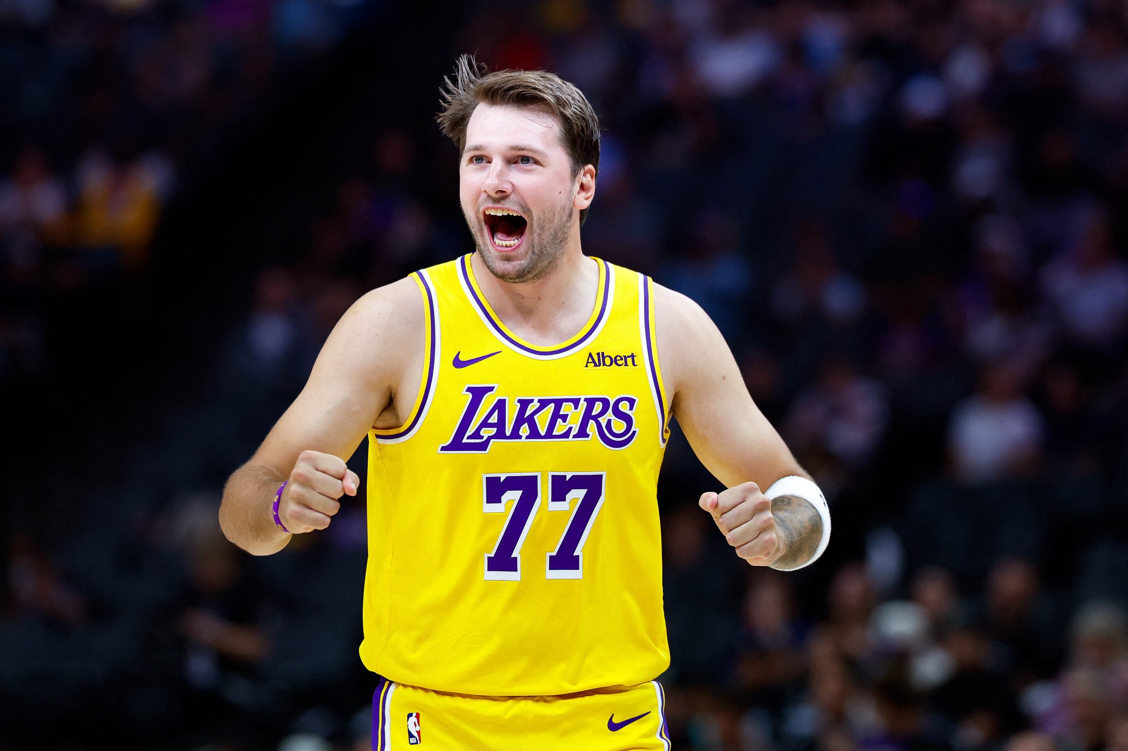 Los Angeles Lakers guard Luka Doncic reacts during a preseason game against the Sacramento Kings on Oct. 5, 2026.