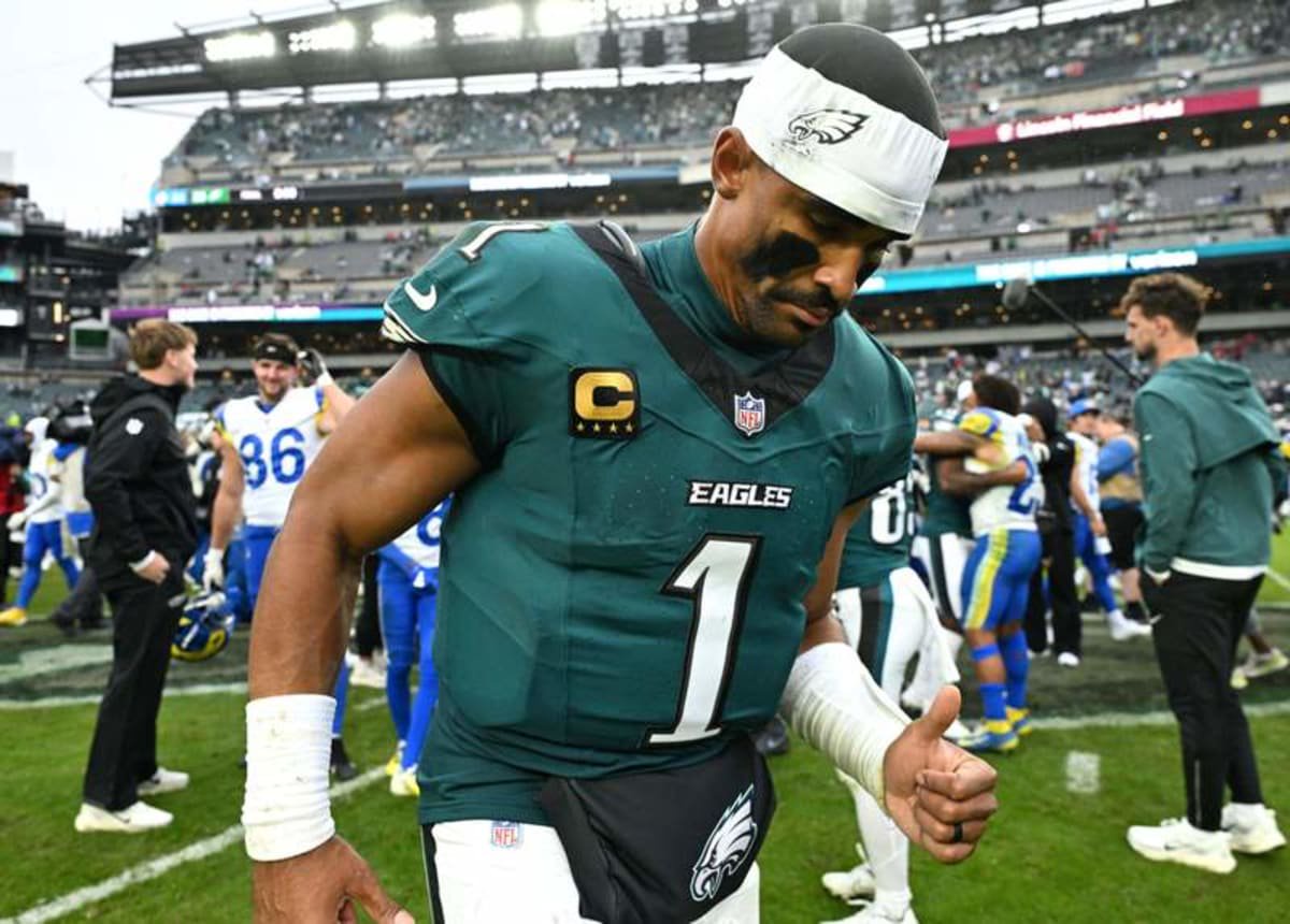 Oct 4, 2026; Philadelphia, Pennsylvania, USA; Philadelphia Eagles quarterback Jalen Hurts (1) runs off the field after a game against the Los Angeles Rams at Lincoln Financial Field. © Eric Hartline-Imagn Images
