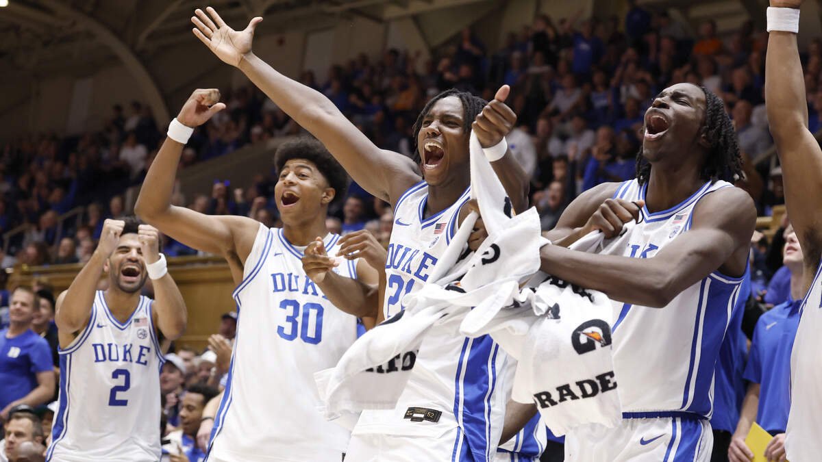 From left, Duke’s Cayden Boozer (2), Joaquim Boumtje Boumtje (30), Patrick Ngongba II (21) and Dame Sarr (7) celebrate a basket in the second half of Duke’s 103-64 exhibition victory over Tennessee at Cameron Indoor Stadium in Durham, N.C., Tuesday, Oct. 20, 2026.