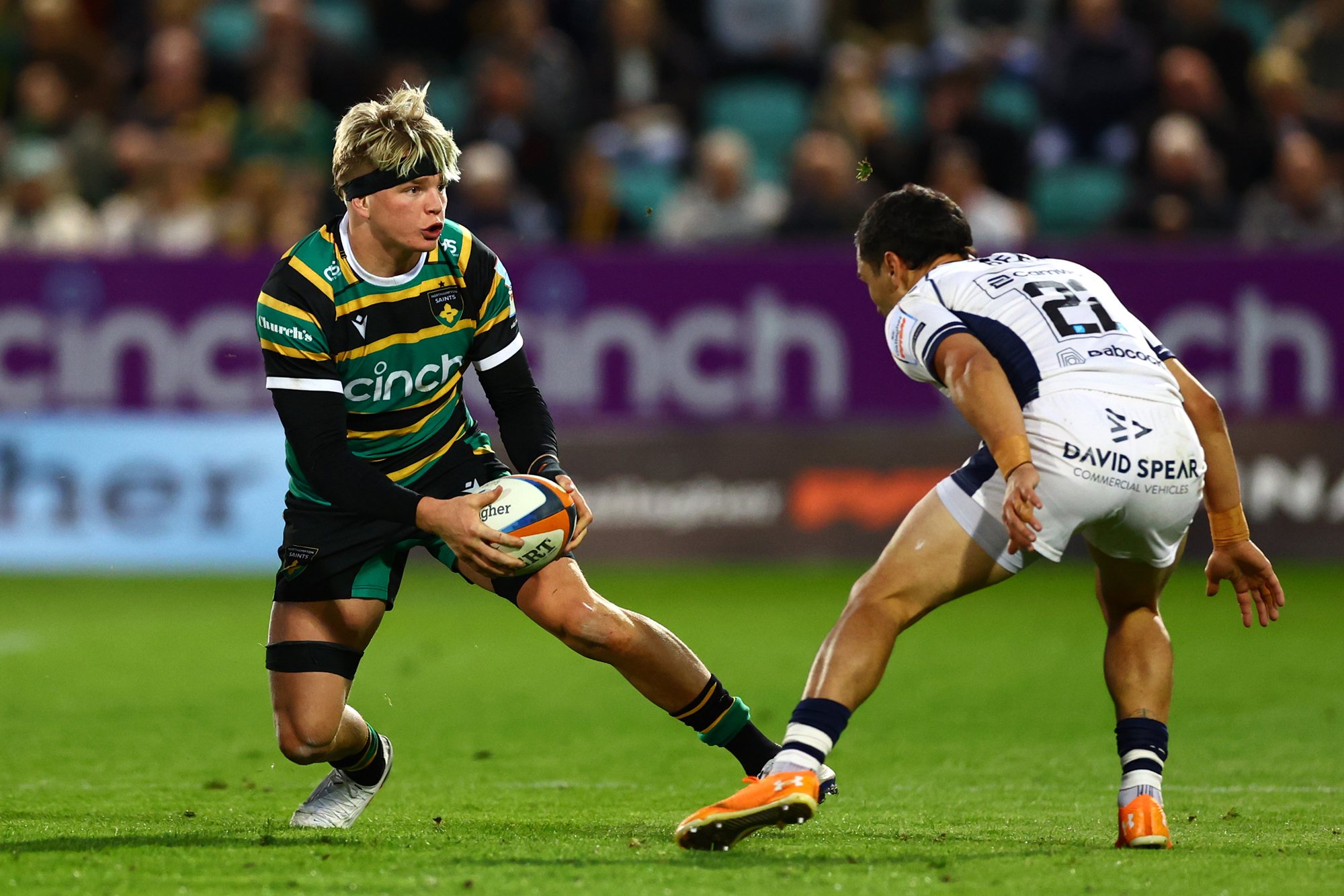 Henry Pollock of Northampton Saints passes the ball during a May 2026 PREM match against Bristol Bears