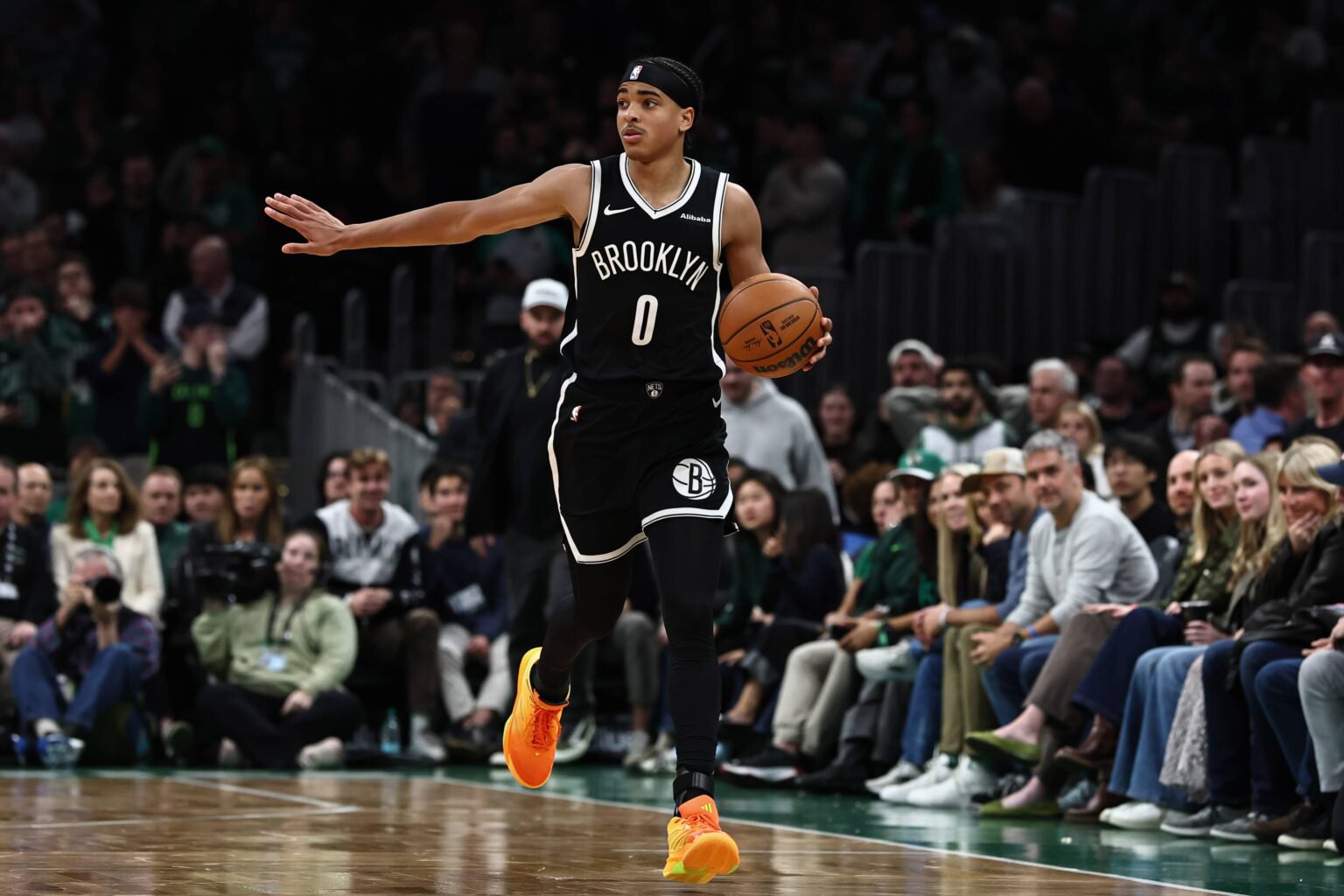 Boston, Massachusetts, USA; Brooklyn Nets guard Mikel Brown Jr. (0) during the second half against the Boston Celtics at TD Garden. Mandatory Credit: Winslow Townson-Imagn Images