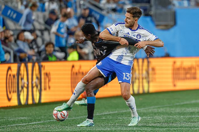 CF Montreal defender Luca Petrasso (13) battles Charlotte FC forward Rodolfo Aloko for the ball during the first half of an MLS soccer match in Charlotte, N.C., Wednesday, Oct. 28, 2026. (AP Photo/Nell Redmond)