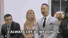 Mike &quot;The Situation&quot; Sorrentino, Lauren Pesce, and guests at a wedding. Mike, in a light suit, exclaims, &quot;I ALWAYS CRY AT WEDDINGS.&quot;