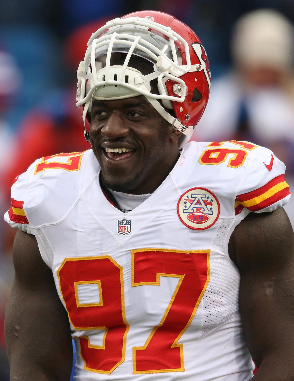 Allen Bailey #97 of the Kansas City Chiefs warms up before the start of NFL game action against the Buffalo Bills at Ralph Wilson Stadium on November 9, 2014 in Orchard Park, New York.  
