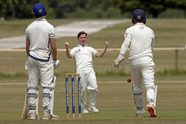 Chichester's Elliott Scott celebrates taking a wicket against Ansty in a four-wicket victory at Goodwood | Chris Hatton