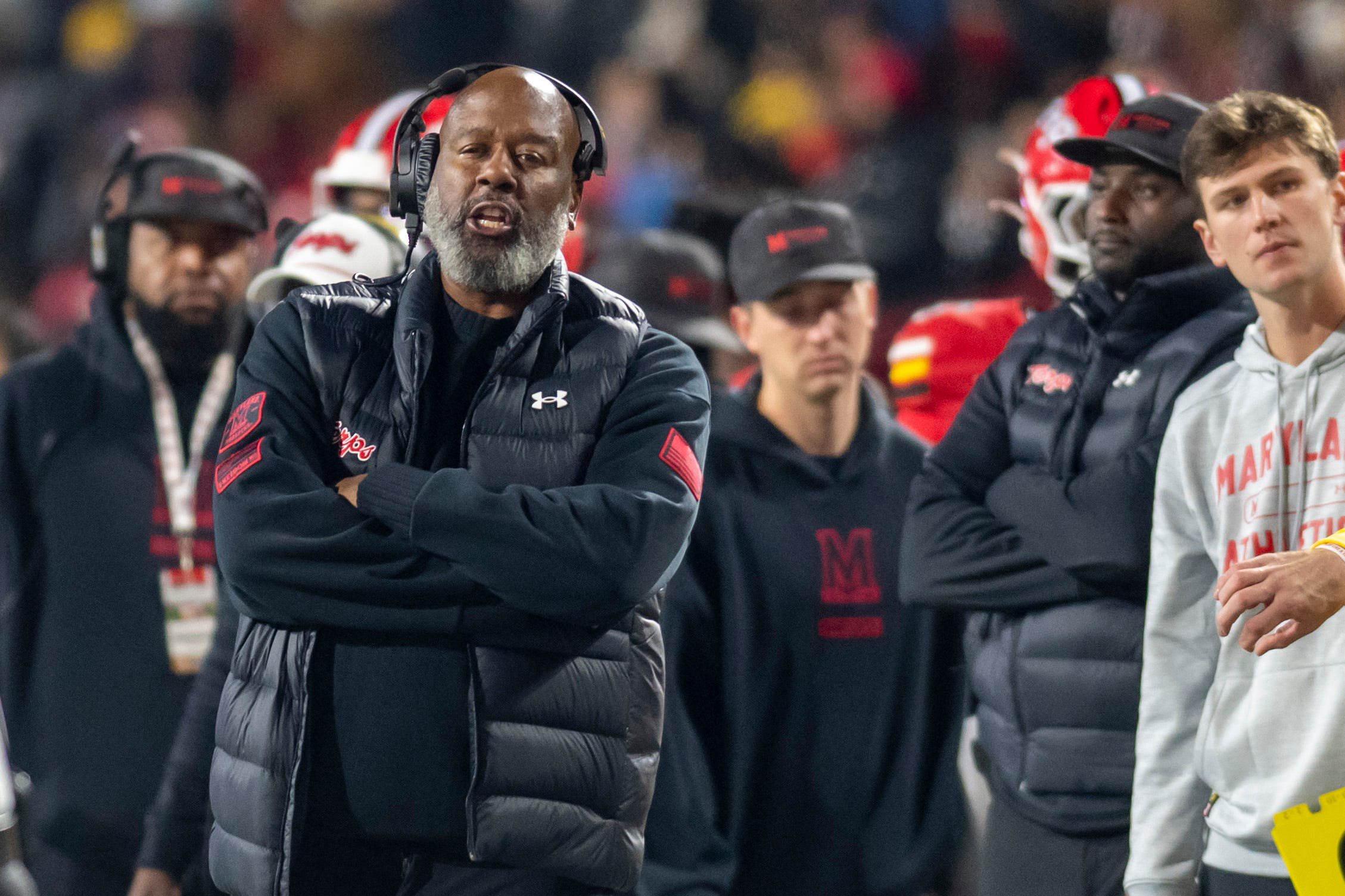 Nov 22, 2025; College Park, Maryland, USA; Maryland Terrapins head coach Mike Locksley walks the sidelines during the second half against the Maryland Terrapins t SECU Stadium. Mandatory Credit: Tommy Gilligan-Imagn Images
