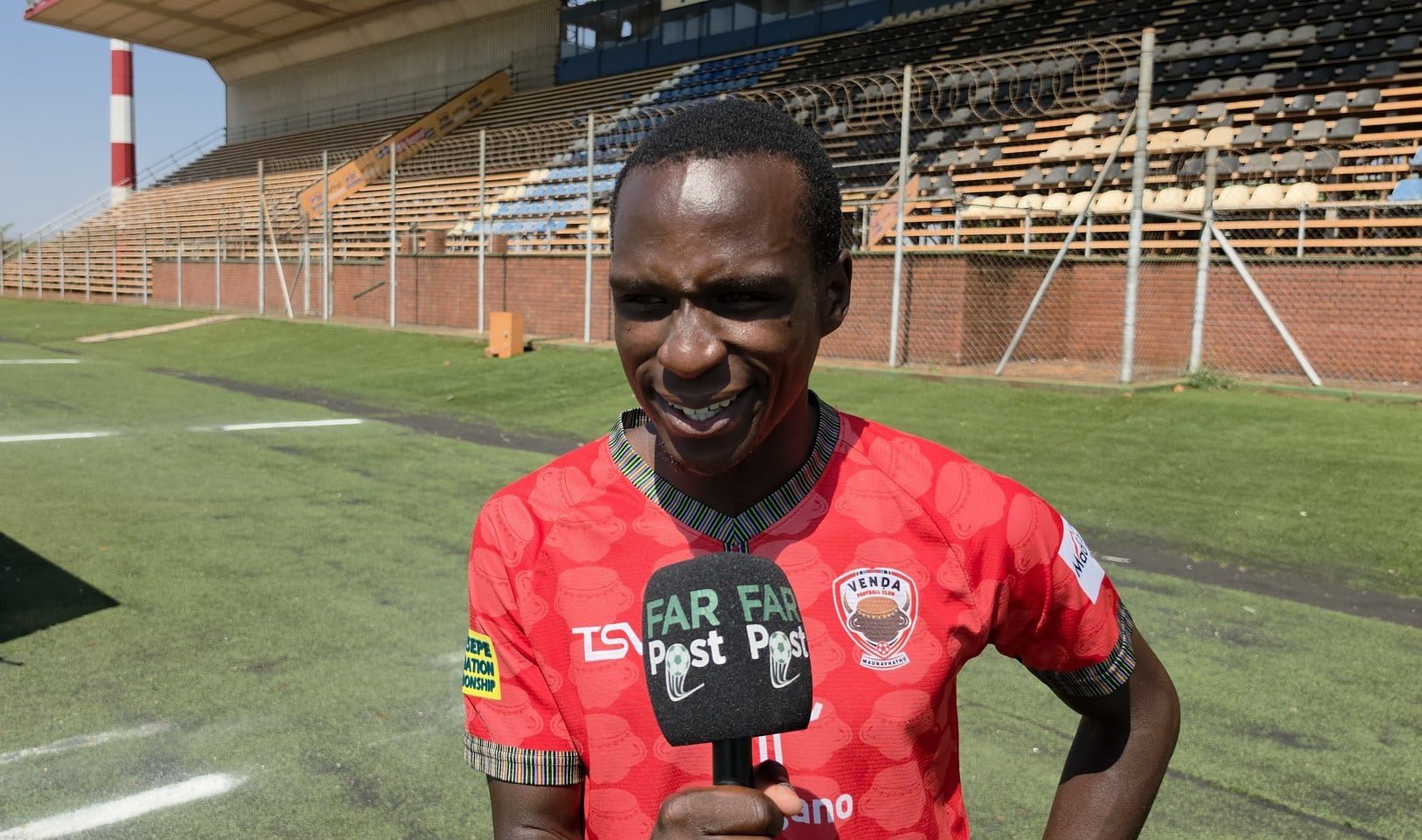 Venda FC striker Mashudu Ndou speaking to FARPost at the Thohoyandou Stadium.