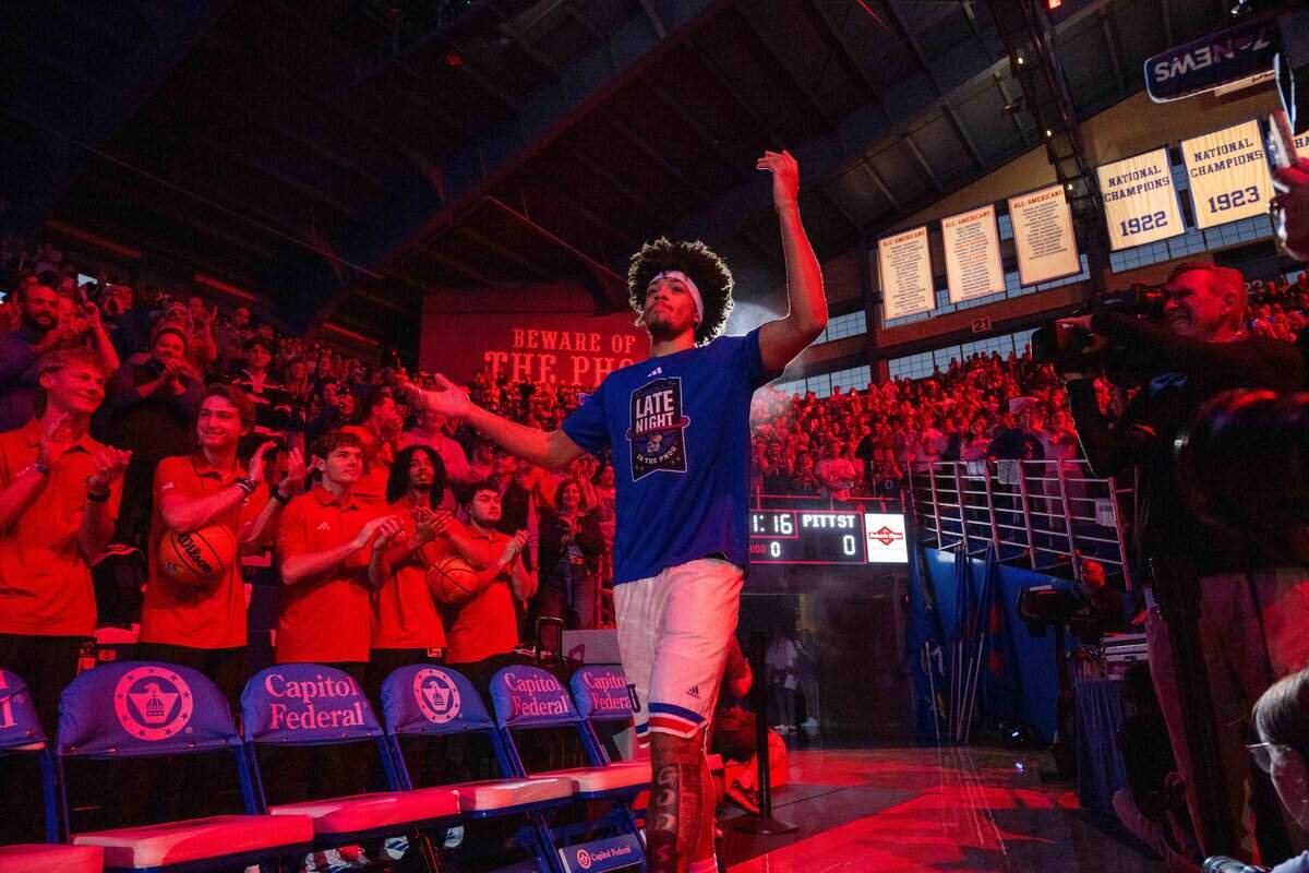 Kansas Jayhawks guard Tyran Stokes does the “67” as he enters the court before the Jayhawks exhibition game vs. Pittsburg State Gorillas, on Friday, October 16, 2026, at Allen Fieldhouse. The exhibition game, a first for Late Night in the Phog, replaces the normal format of variety show style sketches and a team scrimmage.
