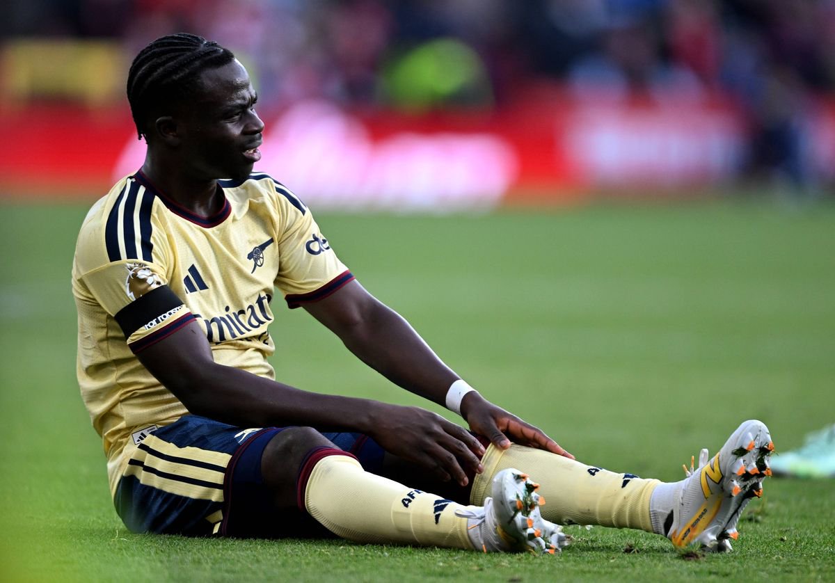 Bukayo Saka of Arsenal reacts during the Premier League 2026/27 match between Nottingham Forest FC and Arsenal FC at City Ground on October 18, 2026 in Nottingham, England.