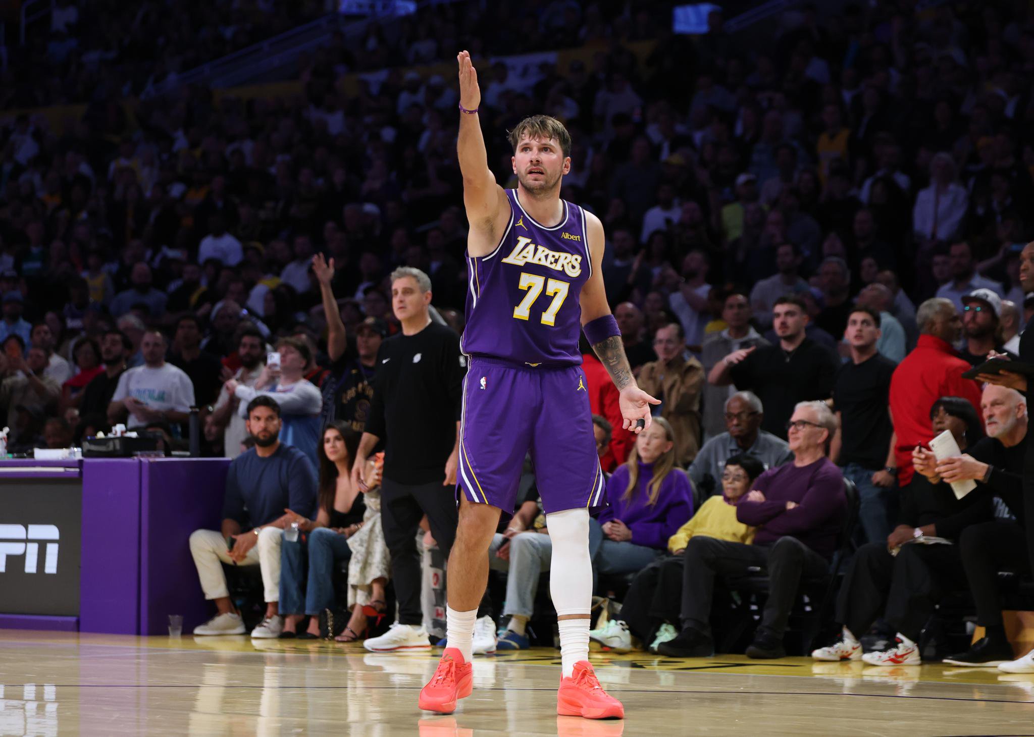 Luka Doncic of the Los Angeles Lakers reacts during a game against the Portland Trail Blazers in Los Angeles on Tuesday, Oct. 27, 2026.