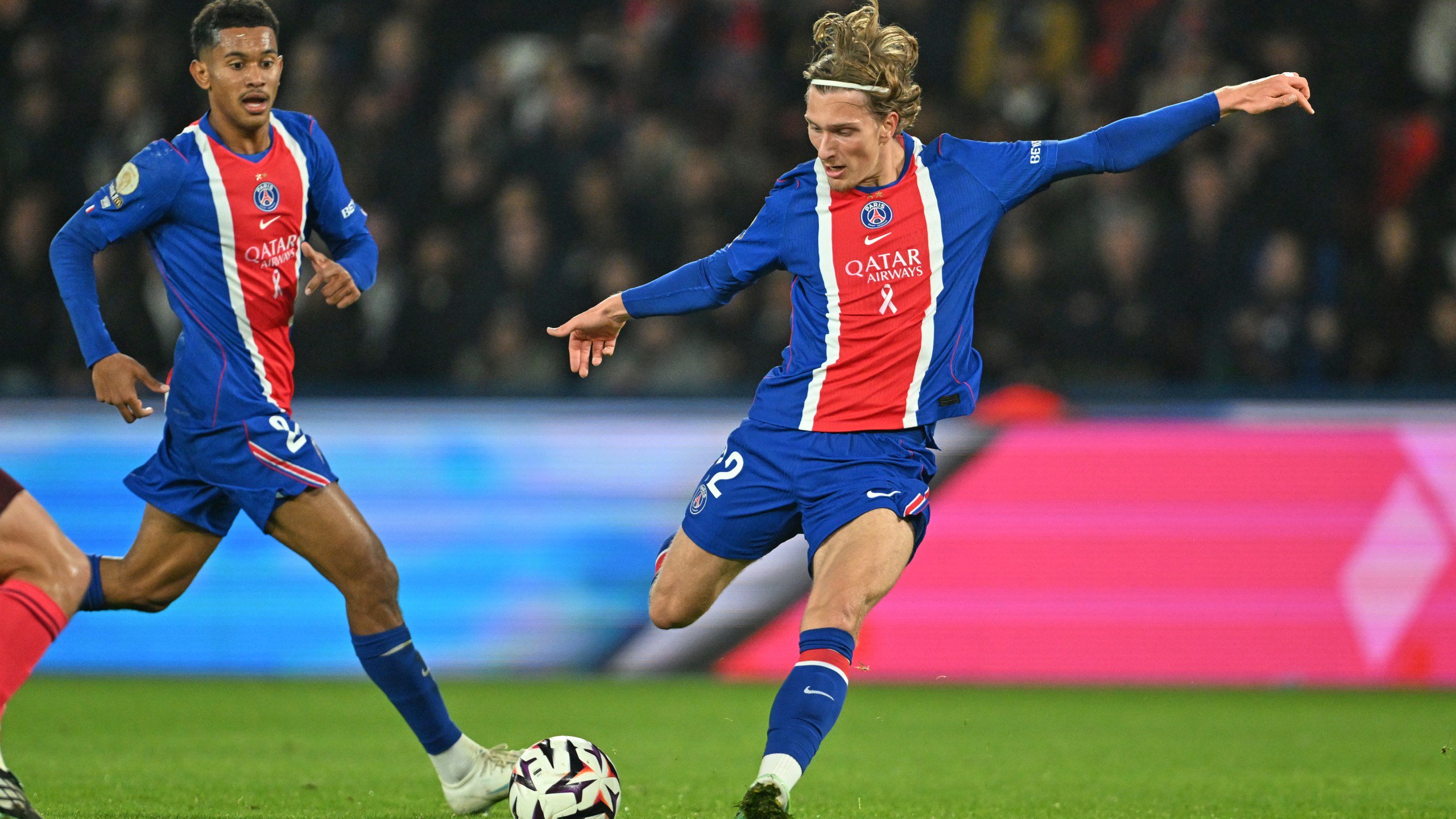 PSG's Mika Godts scores his side's second goal during the French League One soccer match between Paris Saint-Germain and Lyon in Paris, Monday, Oct. 26, 2026. (AP Photo/Emma Da Silva)