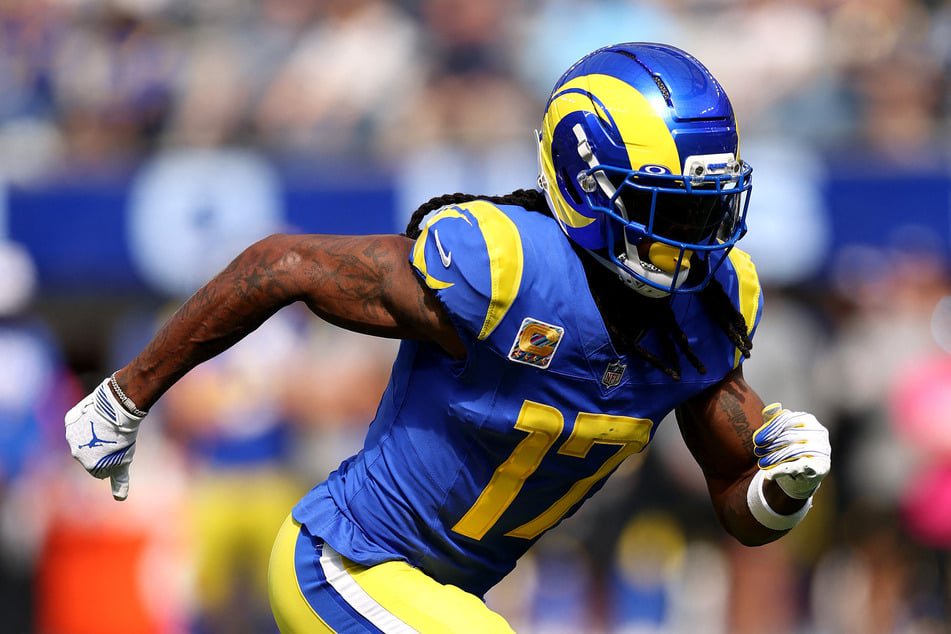 Davante Adams of the Los Angeles Rams in action against the Arizona Cardinals at SoFi Stadium on October 18, 2026. The wide receiver faces up to 10 weeks on the sidelines due to injury.