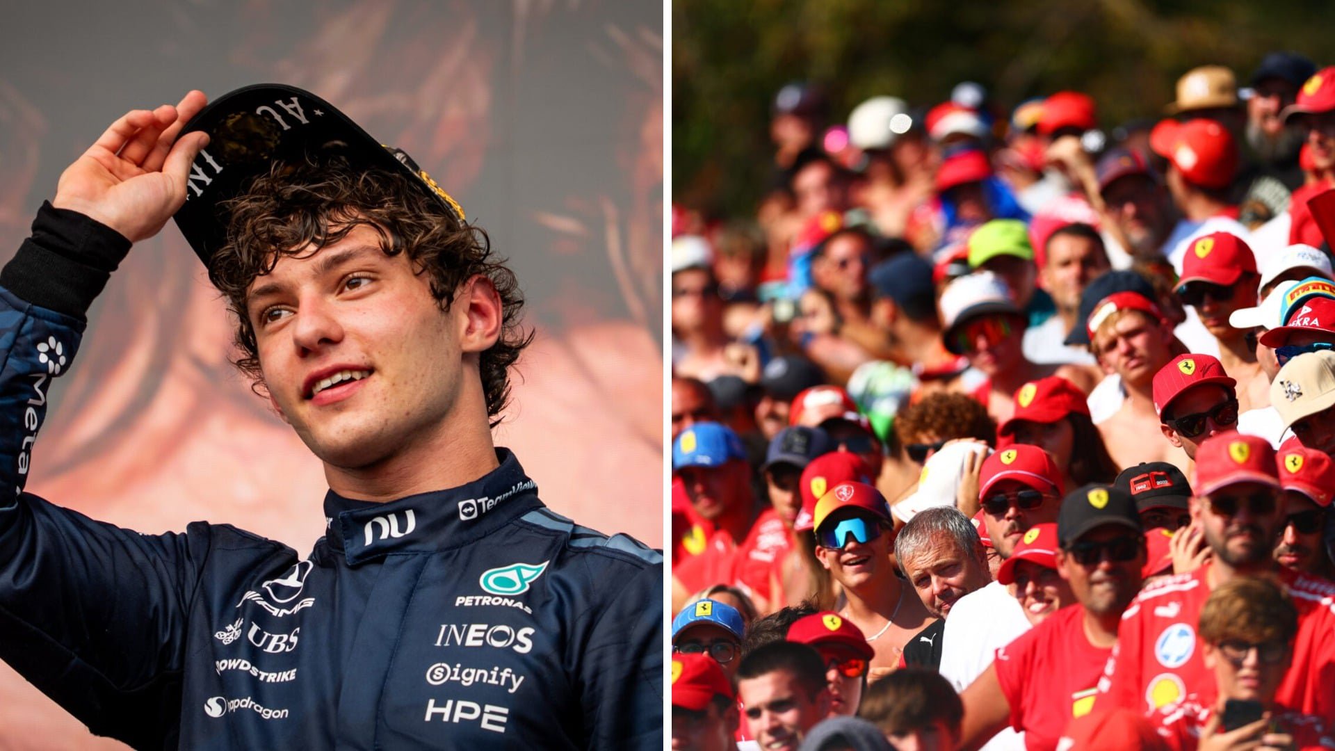 Kimi Antonelli of Mercedes on the US Grand Prix podium; Ferrari fans in the stands at Monza