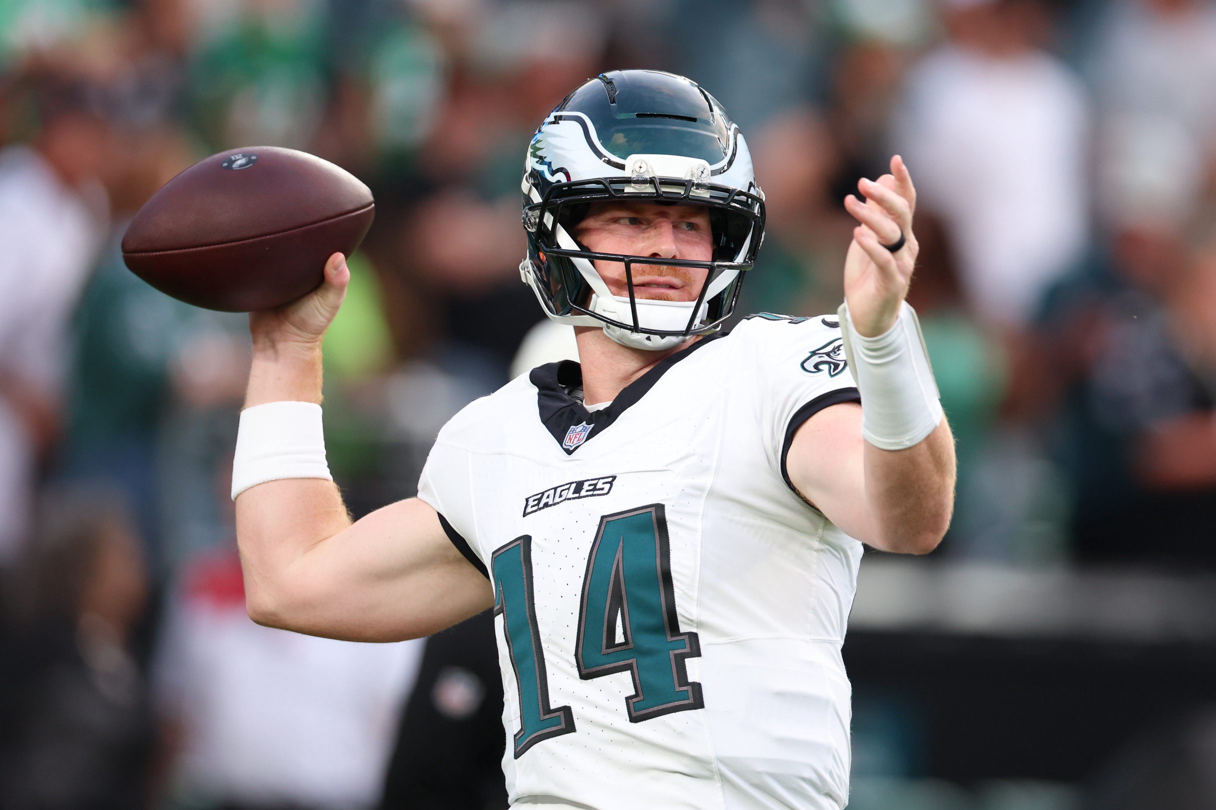 Aug 28, 2026; Philadelphia, Pennsylvania, USA; Philadelphia Eagles quarterback Andy Dalton (14) before action against the Cincinnati Bengals at Lincoln Financial Field. Mandatory Credit: Bill Streicher-Imagn Images