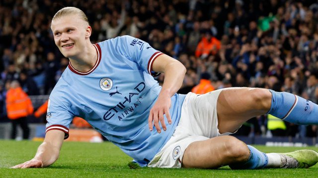 MANCHESTER, ENGLAND - MAY 03: Erling Haaland of Manchester City celebrates 35 premier league goals which is the record number of goals in a season during the Premier League match between Manchester City and West Ham United at Etihad Stadium on May 03, 2023 in Manchester, United Kingdom. (Photo by Richard Sellers/Sportsphoto/Allstar via Getty Images)
