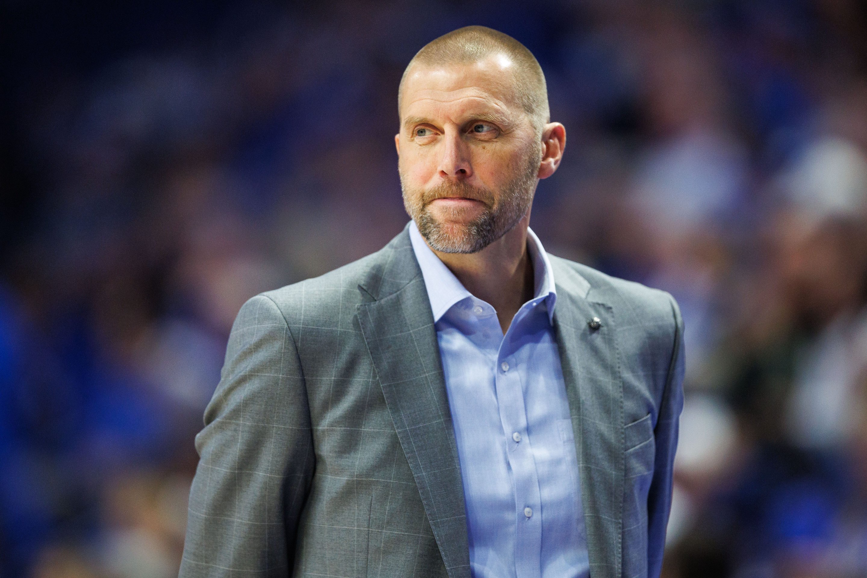 Oct 16, 2026; Lexington, KY, USA;  Kentucky Wildcats head coach Mark Pope looks on during the first half against the Little Rock Trojans at Rupp Arena Central Bank Center.  Mandatory Credit: Jordan Prather-Imagn Images
