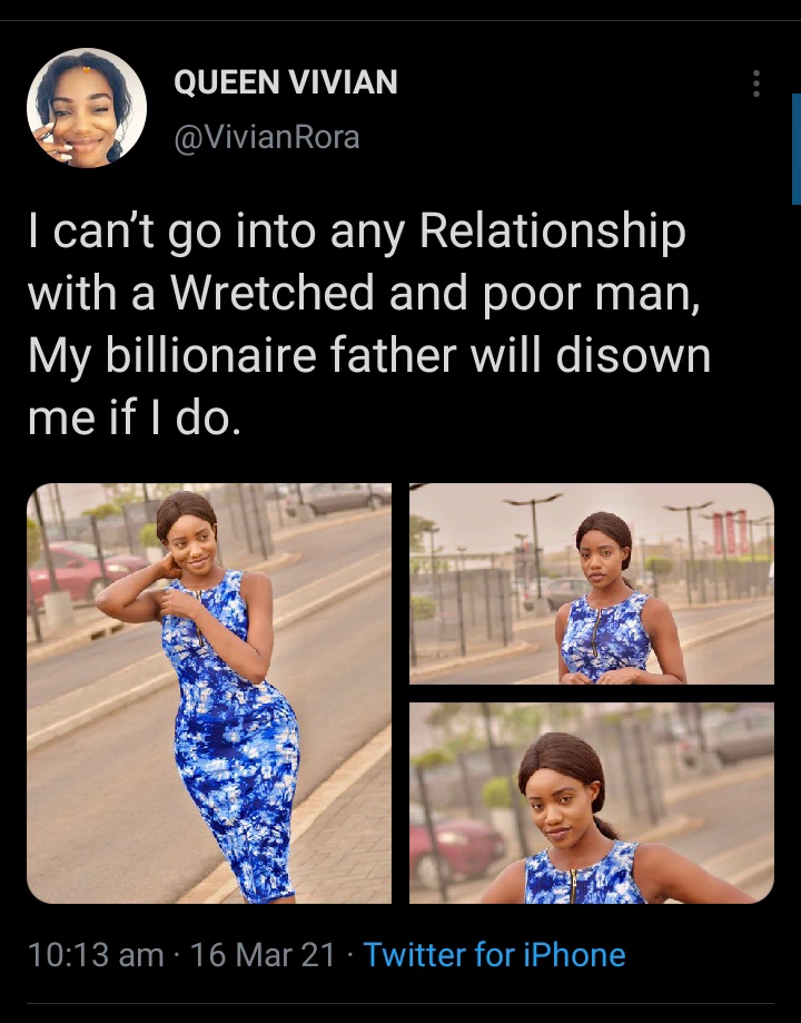 Lady trolled on social media after she said she won't date a broke boyfriend.