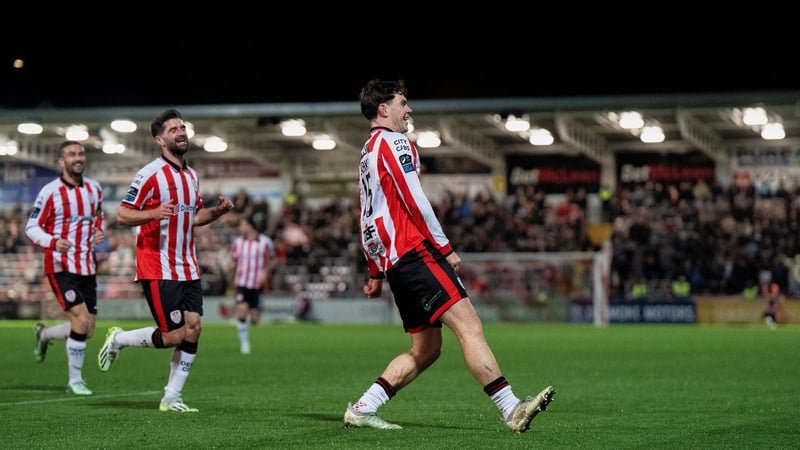 23 October 2026; James Clarke of Derry City celebrates his sides first goal during the SSE Airtricity Men's Premier Division match between Derry City and Dundalk at The Ryan McBride Brandywell Stadium in Derry. Photo by Matthew Harvey/Sportsfile