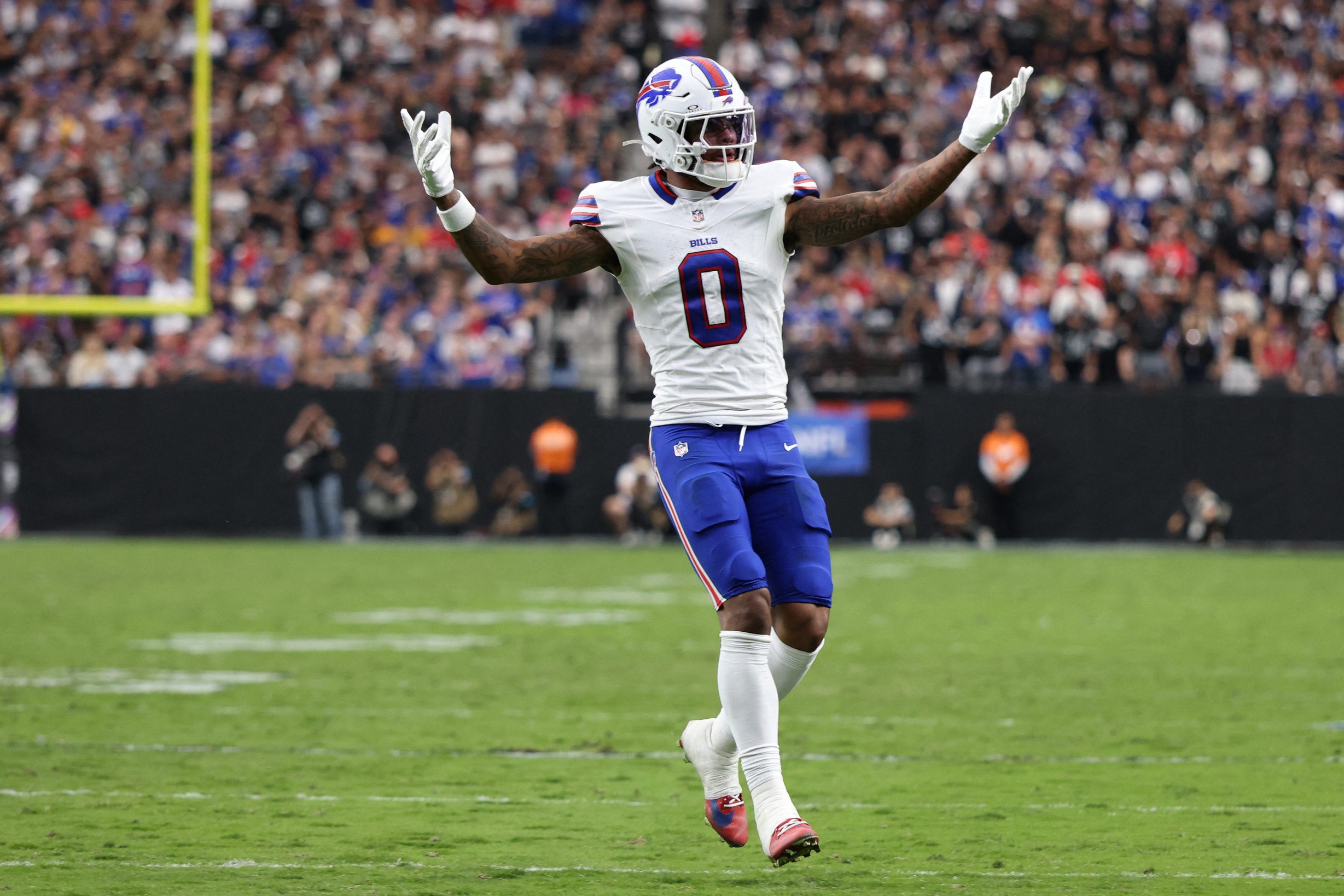 Oct 18, 2026; Paradise, Nevada, USA;  Buffalo Bills wide receiver Keon Coleman (0) reacts in the fourth quarter against the Las Vegas Raiders at Allegiant Stadium.  Mandatory Credit: David Brytus-Imagn Images