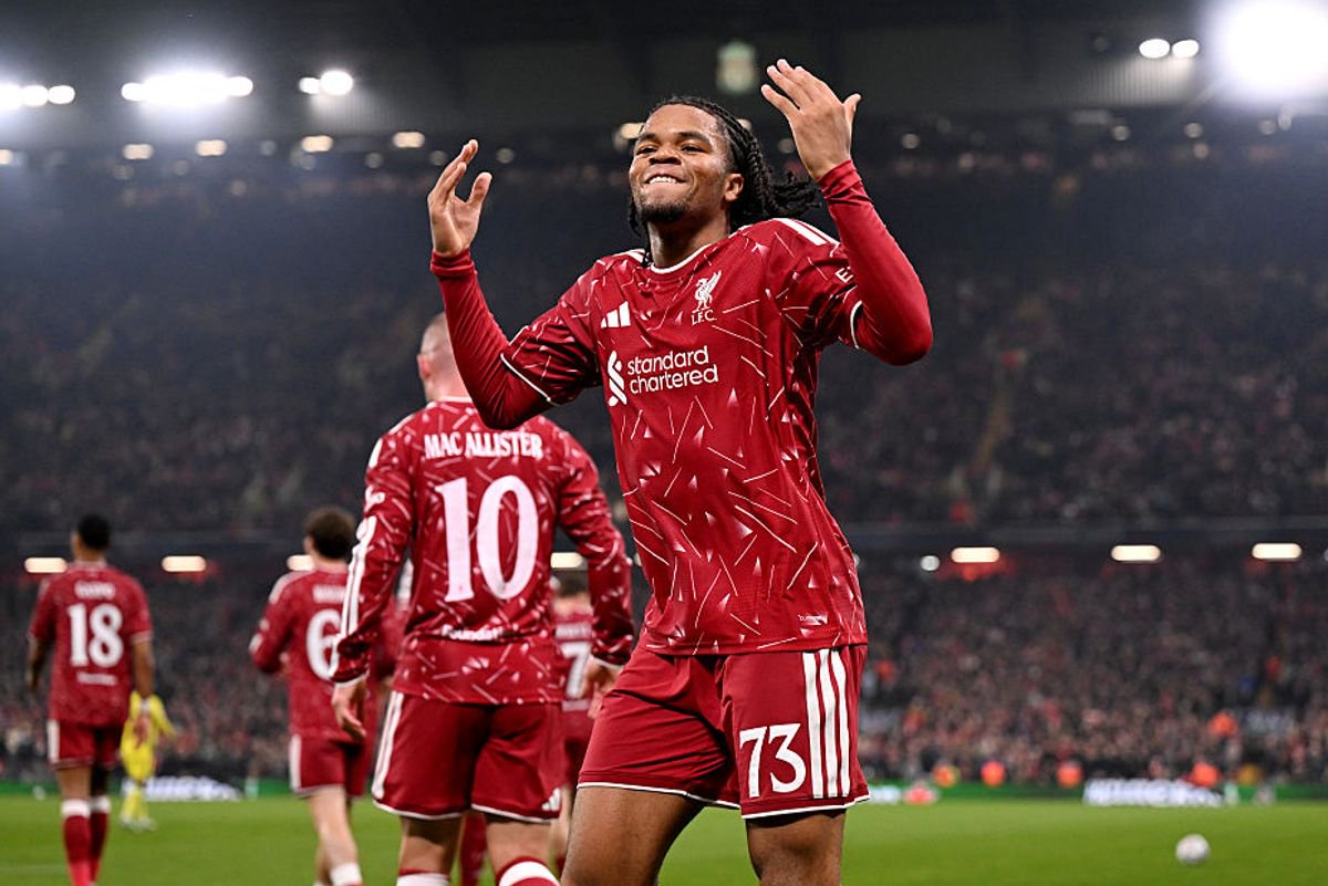 LIVERPOOL, ENGLAND - OCTOBER 20: Rio Ngumoha of Liverpool celebrates his team’s third goal scored by teammate Alexis Mac Allister during the UEFA Champions League 2026/27 League Phase MD3 match between Liverpool FC and Villarreal CF at Anfield on October 20, 2026 in Liverpool, England. (Photo by Liverpool FC/Liverpool FC via Getty Images)