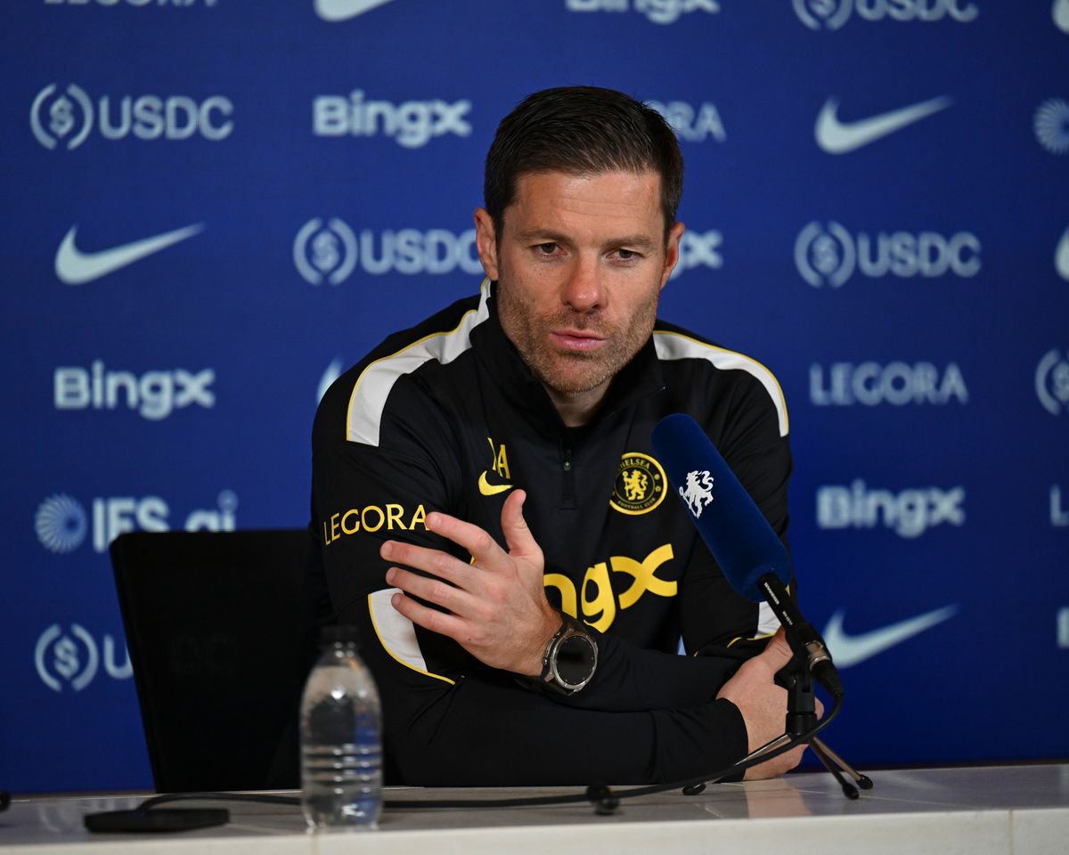 Manager Xabi Alonso of Chelsea during a press conference at Chelsea Training Ground