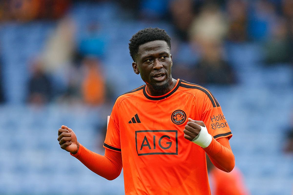 Salford City midfielder Brendan Wiredu during the away League Two game against Shrewsbury Town at Croud Meadow on 29 August 2026 (Photo by Malcolm Couzens/Getty Images)