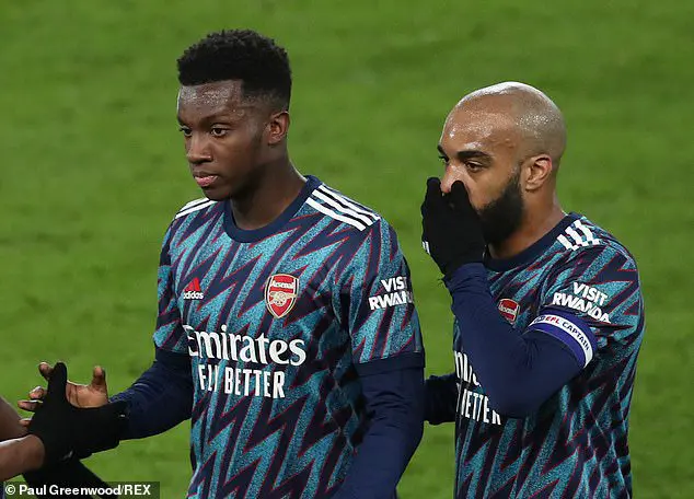 Arsenal have been left with just two forwards for the rest of the season in Eddie Nketiah (left) and Alexandre Lacazette (right)