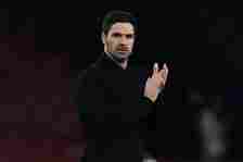 Arsenal's Spanish manager Mikel Arteta applauds fans on the pitch after the English Premier League football match between Arsenal and Chelsea at th...
