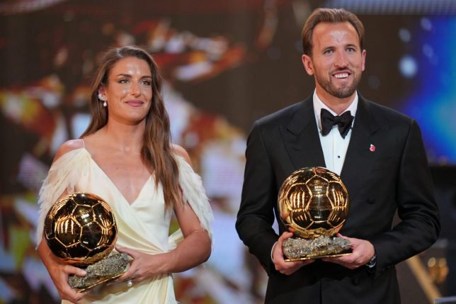 England's soccer player Harry Kane and Spain's Alexia Putellas win the player of the year trophy during the Ballon d'Or ceremony at the London Palladium Theatre in London, England, Monday, Oct. 26, 2026 . (AP Photo/Kin Cheung)