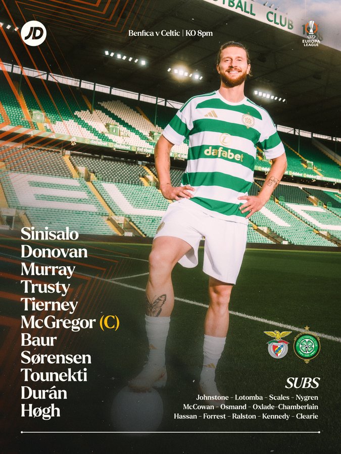 Celtic Starting XI vs Benfica Sorensen and Duran Start