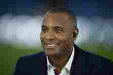 Clinton Morrison is seen presenting Amazon Prime's coverage of the Premier League match between Crystal Palace and Wolverhampton Wanderers at Selhu...