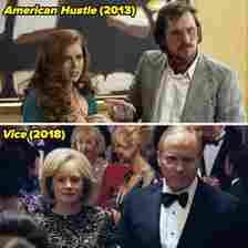 Top image shows Amy Adams and Christian Bale in &quot;American Hustle&quot; (2013). Bottom image shows Amy Adams and Christian Bale in &quot;Vice&quot; (2018)