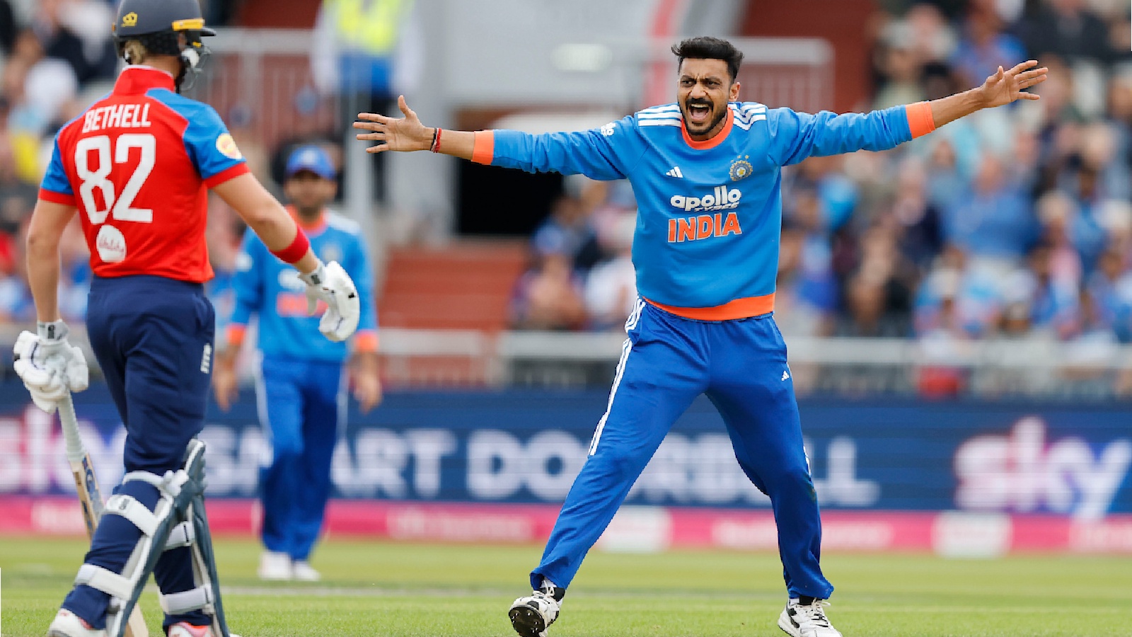 Axar Patel of India appeals during the 2nd T20 International match between England and India at the Old Trafford, Manchester, England on July 4, 2026.