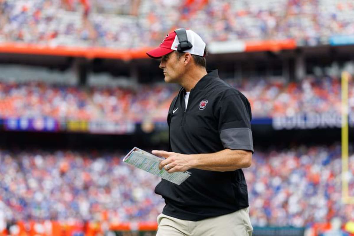 Oct 10, 2026; Gainesville, Florida, USA; South Carolina Gamecocks head coach Shane Beamer looks on against the Florida Gators during the first half at Ben Hill Griffin Stadium. © Matt Pendleton-Imagn Images