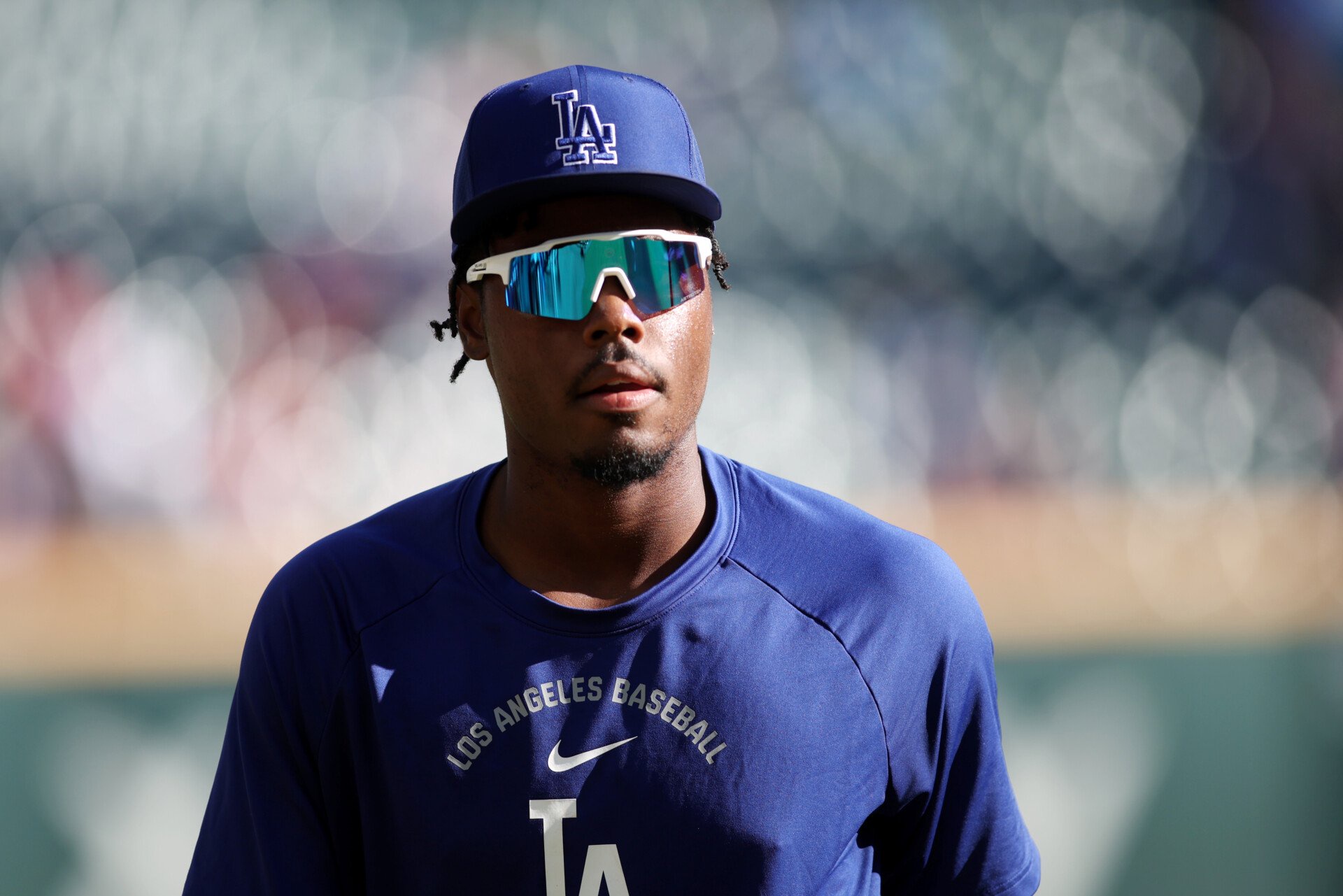 Oct 6, 2026; Cumberland, Georgia, USA; Los Angeles Dodgers outfielder Josue De Paula (95) warms up prior to a game against the Atlanta Braves in game three of the NLDS for the 2026 MLB Playoffs at Truist Park. Mandatory Credit: Brett Davis-Imagn Images