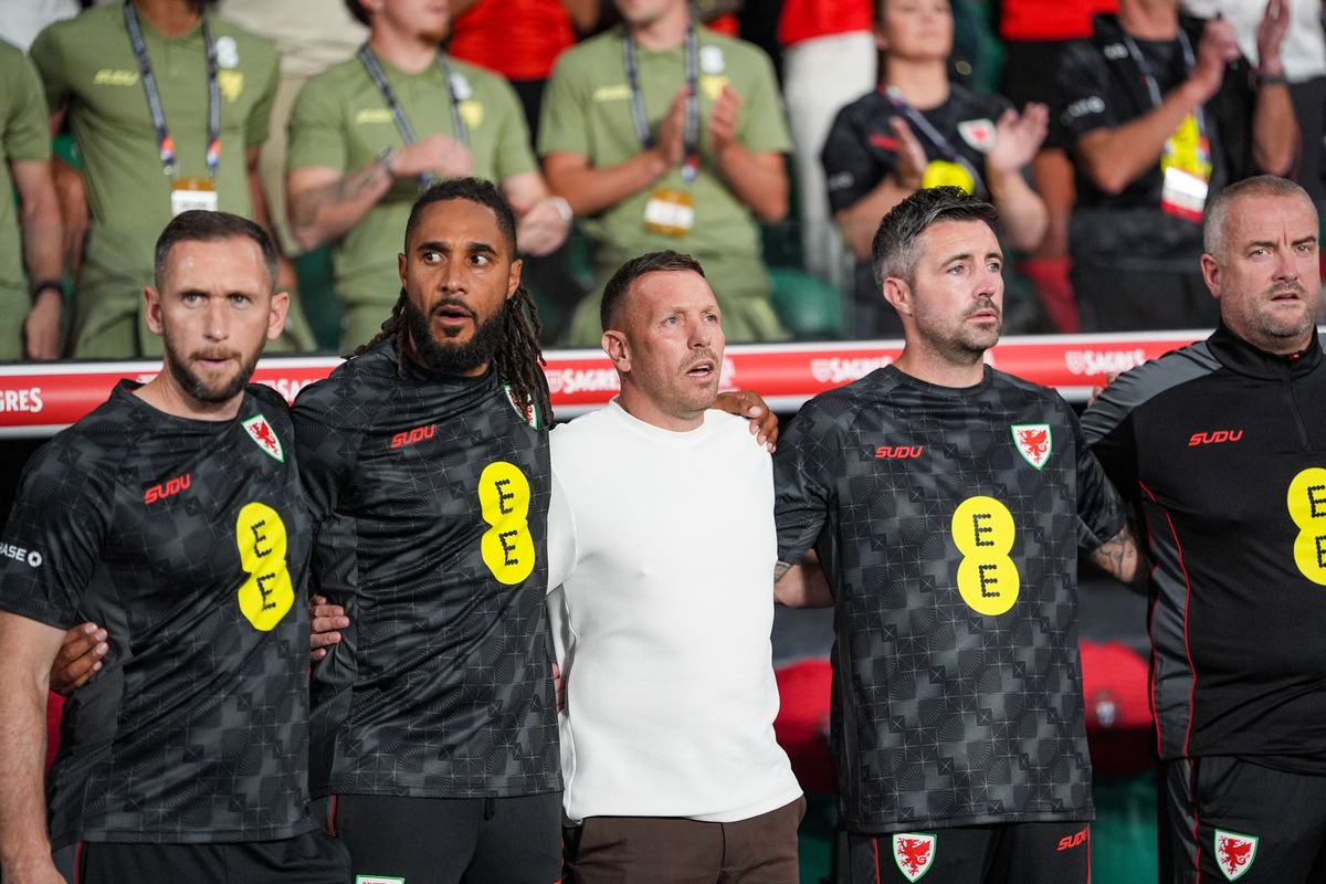 Wales' headcoach, Craig Bellamy singing the national anthem during the UEFA Nations League 2026/27 group phase match between Portugal and Wales at Estadio Jose Alvalade