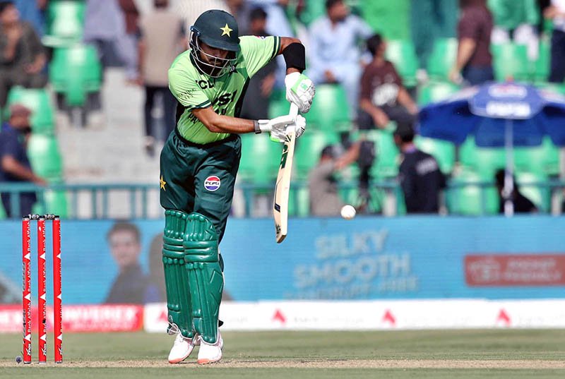 Pakistani batsman Maaz Sadaqat batter plays a shot during the ODI tri-series cricket match against Sri Lanka at Gaddafi Stadium.