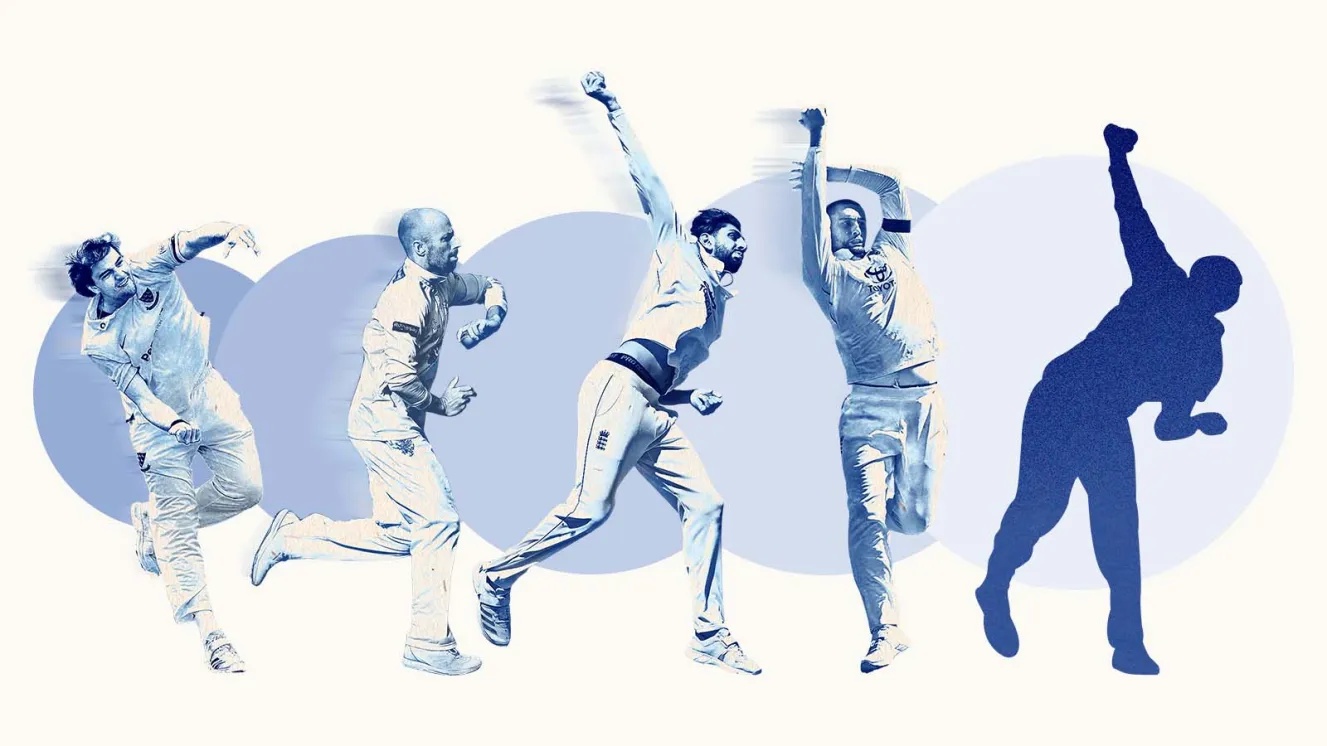 Illustration of five cricket bowlers in various stages of bowling, from a full body view to a dark blue silhouette.