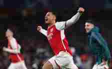 William Saliba of Arsenal celebrates as David Raya of Arsenal (not pictured) makes the match-winning save from the fourth penalty from Galeno of FC...