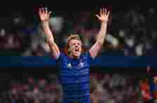 Chelsea striker Kerry Dixon celebrates after scoring the winning goal in a 1-0 win over QPR at Stamford Bridge in a League Division One match on Ap...