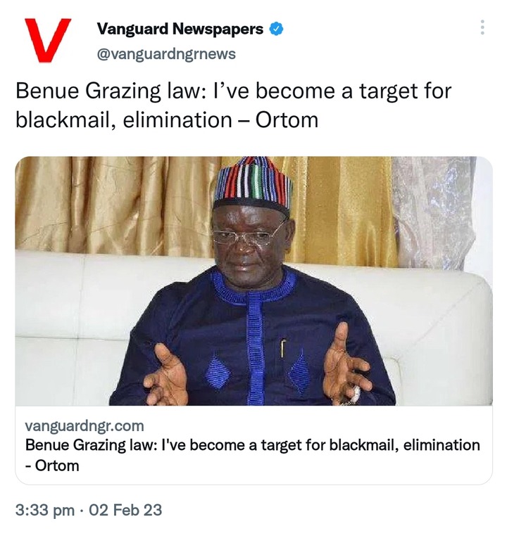 Today's Headline: I’ve Become A Target For Blackmail; Elimination-Ortom, Buhari In Support of Tinubu-FG