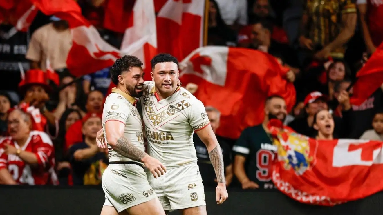 Tonga players celebrate a try v Lebanon in the 2026 Rugby League World Cup