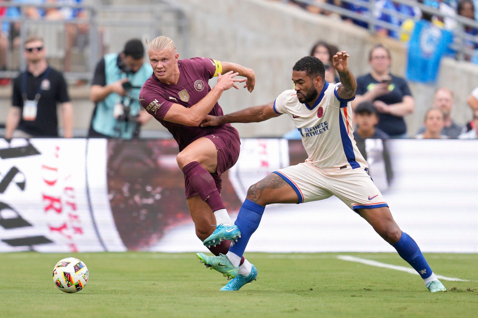 Erling Håland #9 of Manchester City battles against Reece James #24 of Chelsea in the first half of a pre-season match at Ohio Stadium on August 03...