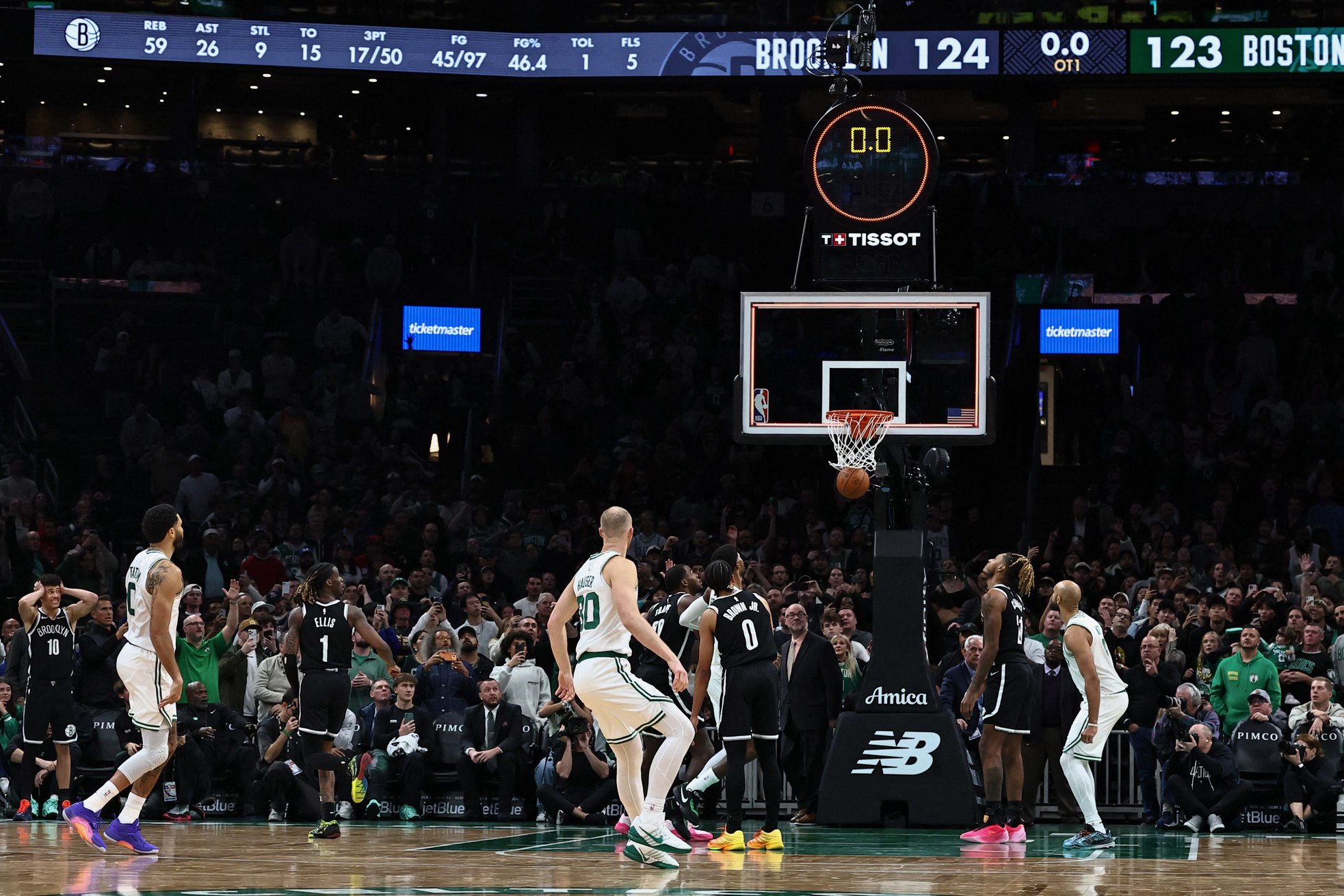 Oct 27, 2026; Boston, Massachusetts, USA; Boston Celtics forward Jayson Tatum (0) watches his game winning shot go into the basket at the end of overtime to beat the Brooklyn Nets at TD Garden. Mandatory Credit: Winslow Townson-Imagn Images